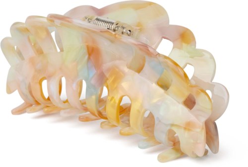Eine große, bunte Haarklemme aus glänzendem, marmoriertem Plastik mit verstellbarer Feder.