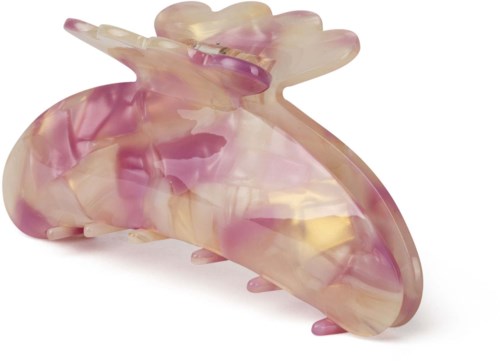 Eine bunte, marmorne Skulptur eines Eidechsens aus glänzendem Material mit rosa, Creme und gelben Mustern.