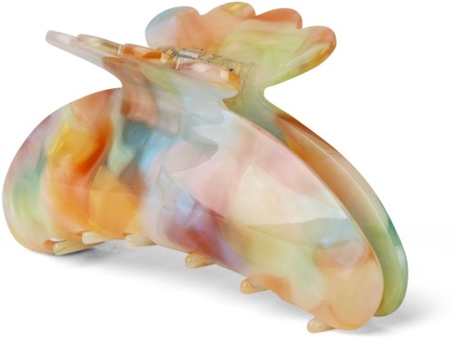 A colorful, swirled dog-shaped object with a small syringe on its back, resembling a decorative or artistic piece.