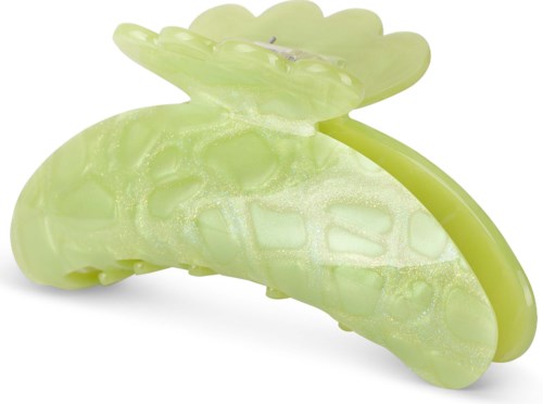 Eine hellgrüne Plastikklammer, die wie eine Erbse aussieht, mit Erbsen und einem Blatt auf der Oberseite.