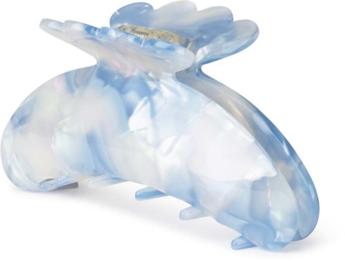 En blå och vit marmorliknande plastskulptur av en dinosaurie med lång svans och små lemmar.