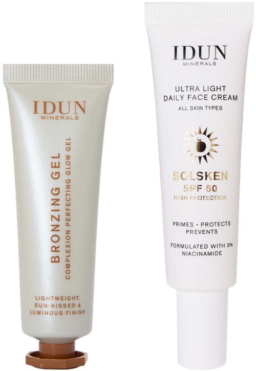 To hudpleieprodukter, en med beige tube merket Bronzing Gel og en annen med hvit tube merket Daily Face Cream SPF 50.