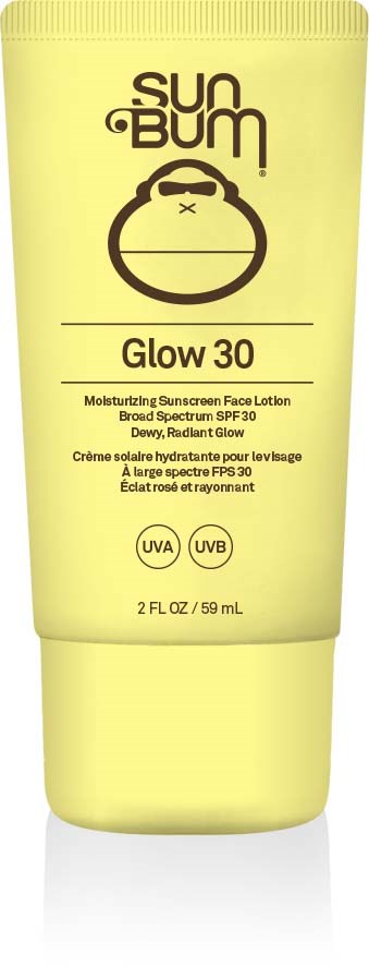 Gelbe Sun Bum Sonnencreme mit SPF 30, lachendes Gesicht-Logo, Text über Feuchtigkeit und Sonnenschutz.