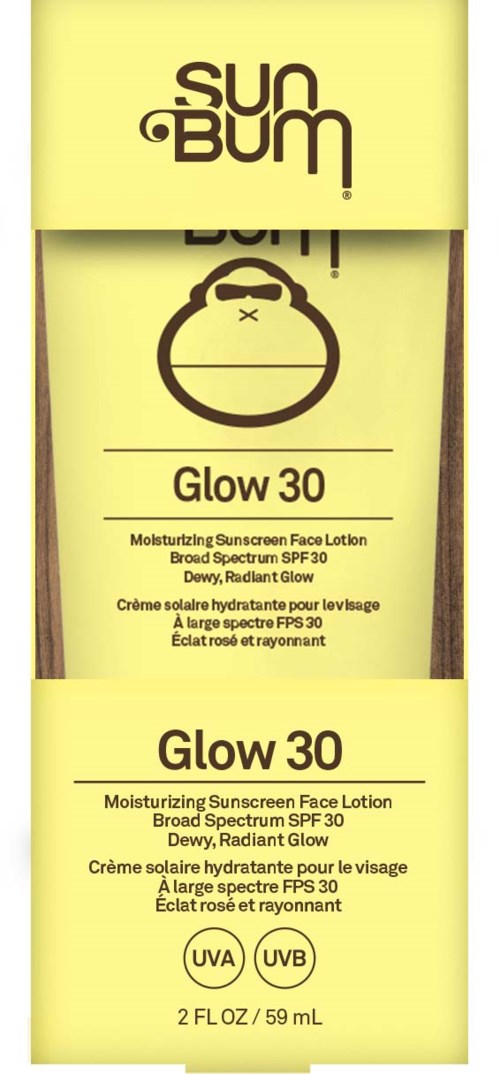 Gelbes Röhrchen mit 'Glow 30' und Gesichtszeichnung und Sonnen-Logo, zeigt Sonnencreme mit SPF 30.