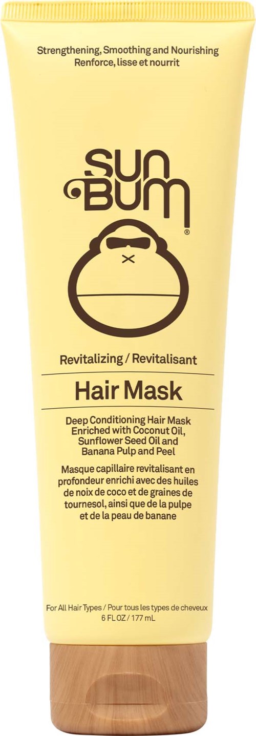 Eine gelbe Tube Sun Bum Haarmaske für tiefenwirksame Pflege und Nährung, geeignet für alle Haartypen.