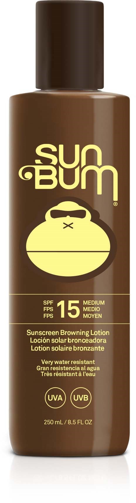 Braune Sonnencremeflasche mit 'Sun Bum', SPF 15, Bärenlogo und UV-Schutztext.