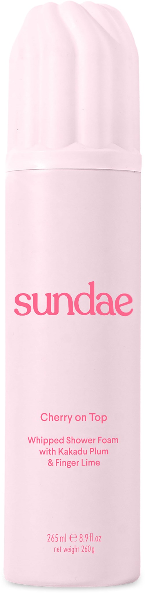 Eine rosa Spraydose mit 'sundae'-Beschriftung, Kirschduft, enthält 265 ml geschäumtes Duschschaum.