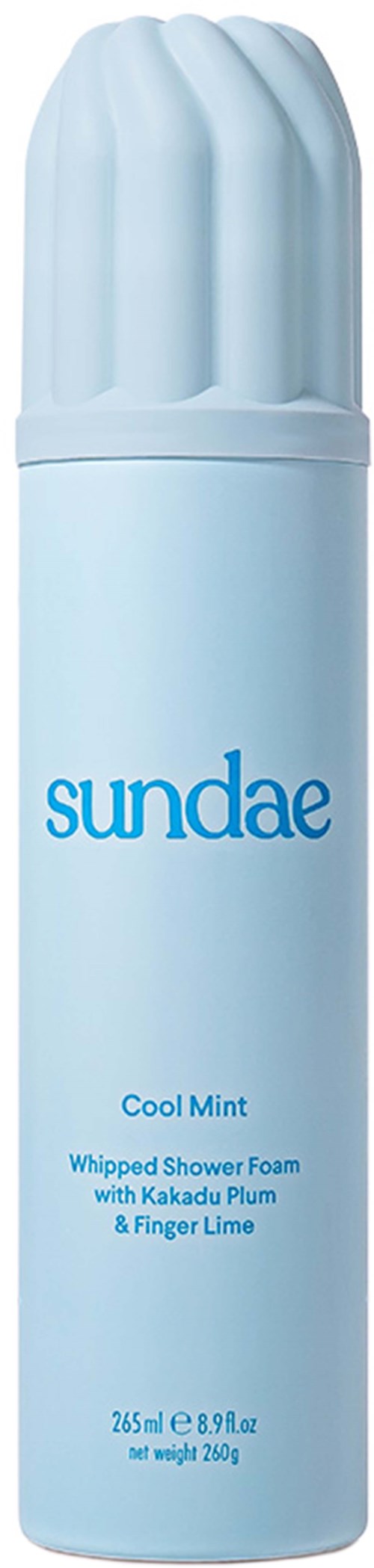  Hellblaue Schaumdose mit 'sundae' und 'Cool Mint', enthält Duschschaum mit Minzduft.