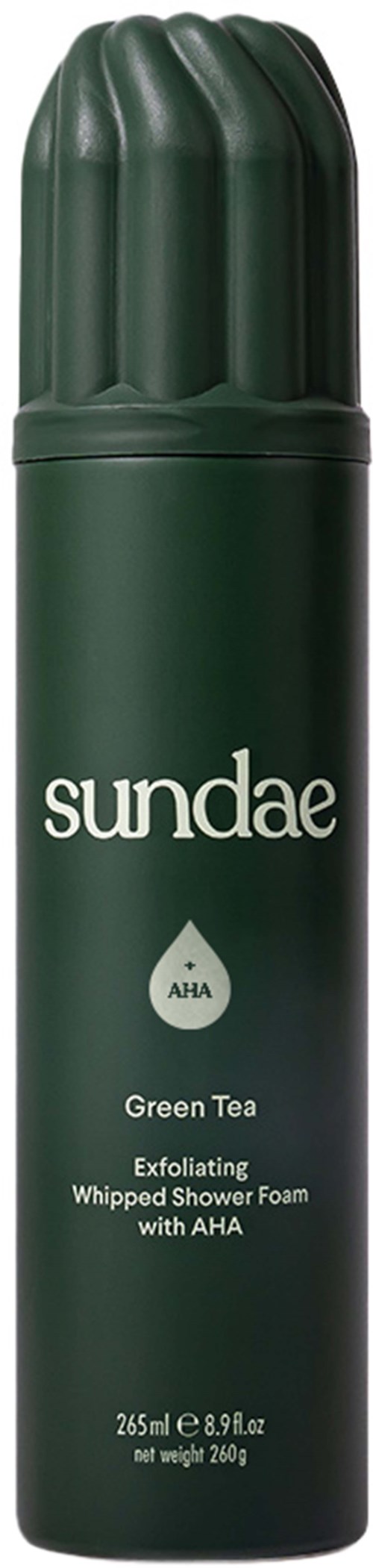 Een groene fles met een getextureerde dop, gemerkt 'sundae' en beschrijft exfoliërende schuimende doucheschaum met AHA.