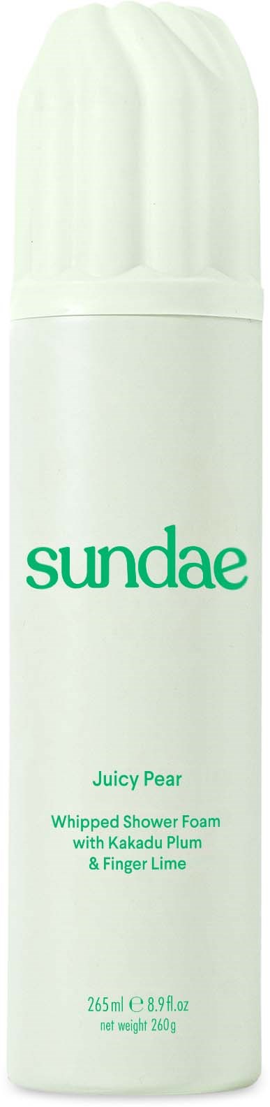 Eine weiße Spraydose mit 'sundae' Aufschrift enthält Duschschaum mit Birnen- und Limetten-Duft.