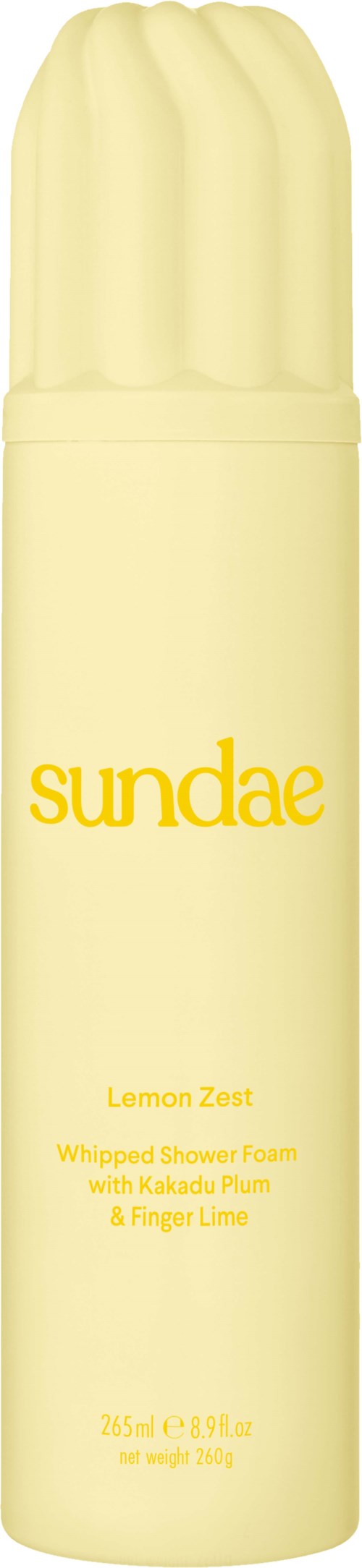 Eine gelbe Flasche Sundae Lemon Zest Schaum-Duschschaum mit Zitronenduft.