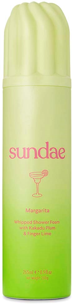Een groene spraysprayfles met label 'sundae', margaritasmaak, kleine maat en een decoratieve dop.