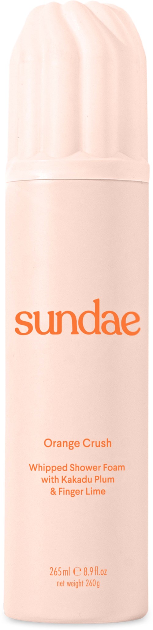 Eine pinke Flasche mit duftendem Duschschaum namens 'Sundae' mit orange- und pinkfarbenem Text. Es hat den Duft von Orange Crush.