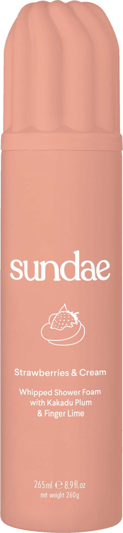 Rote Flasche mit geschlagener Duschschaum mit Erdbeeren & Creme Duft, mit welligem Deckel.