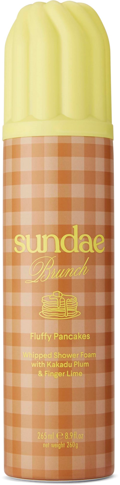 Een fles met een gele dop en oranje geruite label, met de woorden Sundae Brunch en pannenkoekensmaak.
