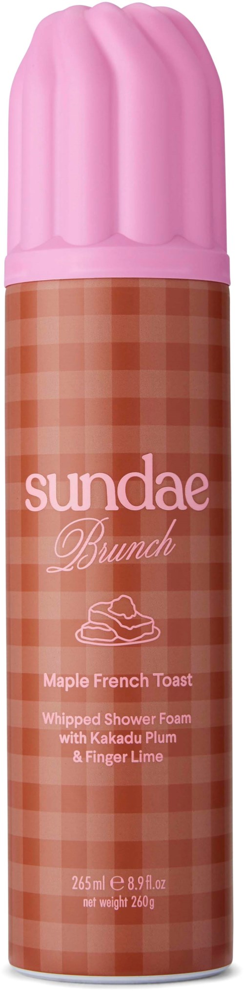 Een lichaamspray met een roze deksel en een bruin geruit label met de tekst Sundae Brunch met ahorn-toast geur.