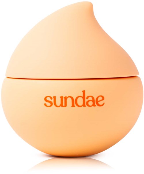 Ein pfirsichfarbener Behälter, der wie eine Eiskugel geformt ist, mit dem Wort "sundae" in Orange.