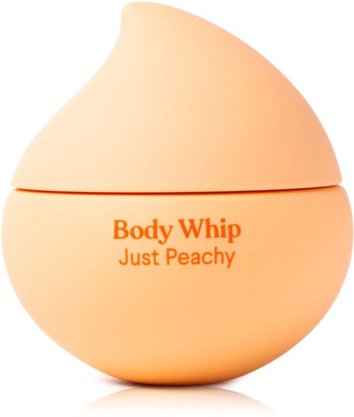 Ein pfirsichfarbener Behälter mit Trennung, beschriftet mit "Body Whip Just Peachy" in orangefarbenem Text.