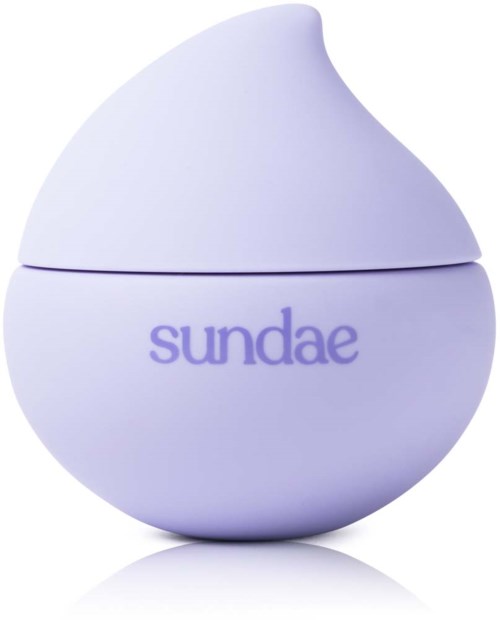Een ronde, paarse container met het woord 'sundae' erop, gevormd als een smeltende ijsbol.