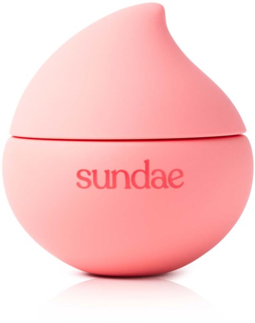Een roze kommetje met een afneembare deksel, gemarkeerd 'sundae'.