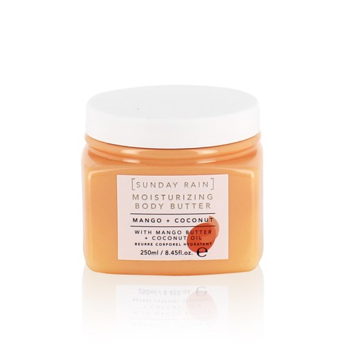 Een pot bodyboter 'Sunday Rain' met mango en kokos geur, 250ml vochtinbrenger.