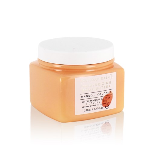 Een pot lichaamsboter met mango en kokosolie, gemarkeerd als hydraterend, 250ml, met witte deksel.