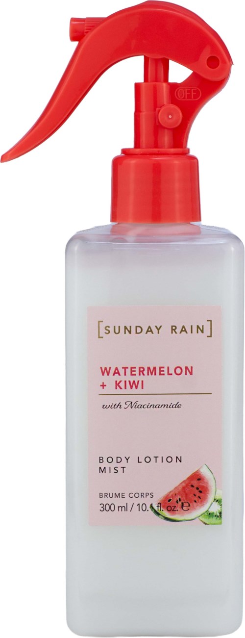 Kroppslotion i sprayflaska med röd spraymunstycke, märkning med vattenmelon och kiwi doft, 300 ml.