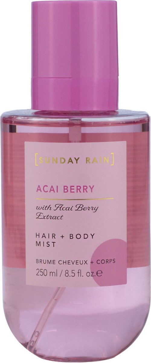 Lys rosa flaske med hår- og kroppsmist med acai berry duft og rosa lokk.