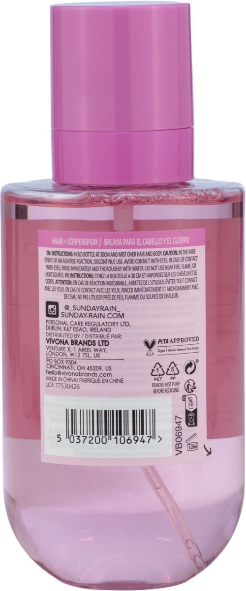 Gjennomsiktig rosa flaske med matchende rosa lokk, inneholder en væskeløsning for rengjøring. Tekst på etiketten inkluderer ingredienser og strekkode.