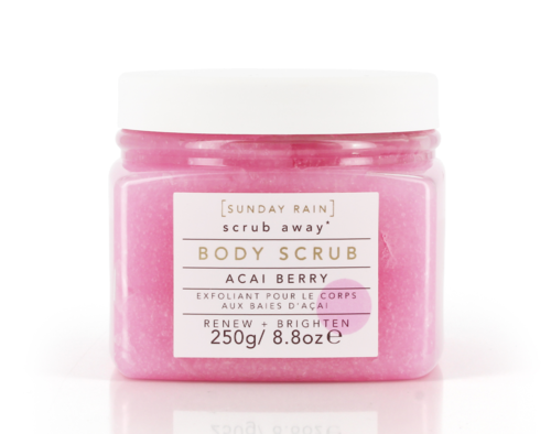Roze lichaamscrème in doorzichtige pot met witte deksel. Label toont merk en productdetails.