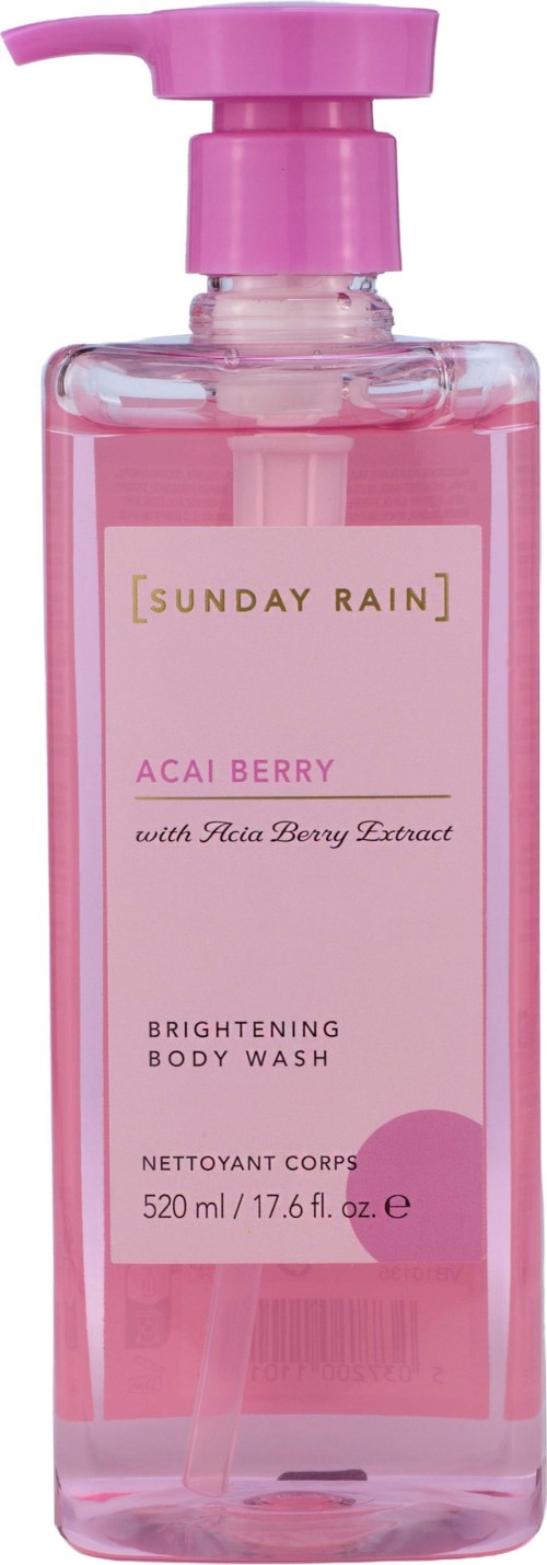Rosa flaske med oppkvikkende kroppsvask, etiketten viser et merke som heter Sunday Rain med Acai Bær duft.