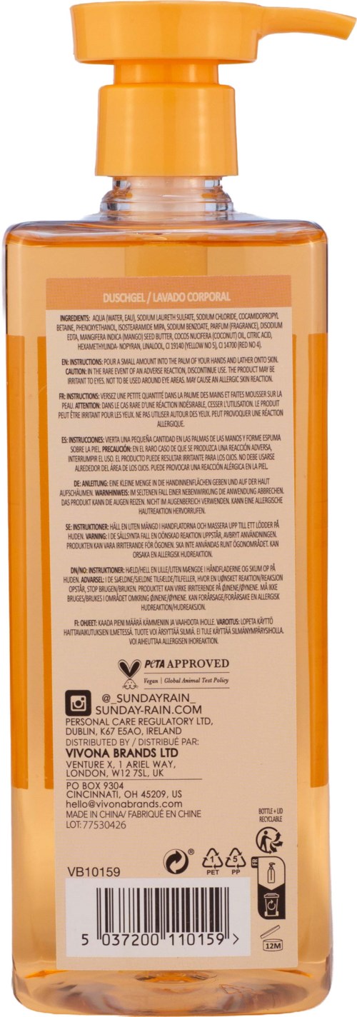 Baksidan av en transparent orange pumpflaska med etikett som visar ingredienser och streckkod.