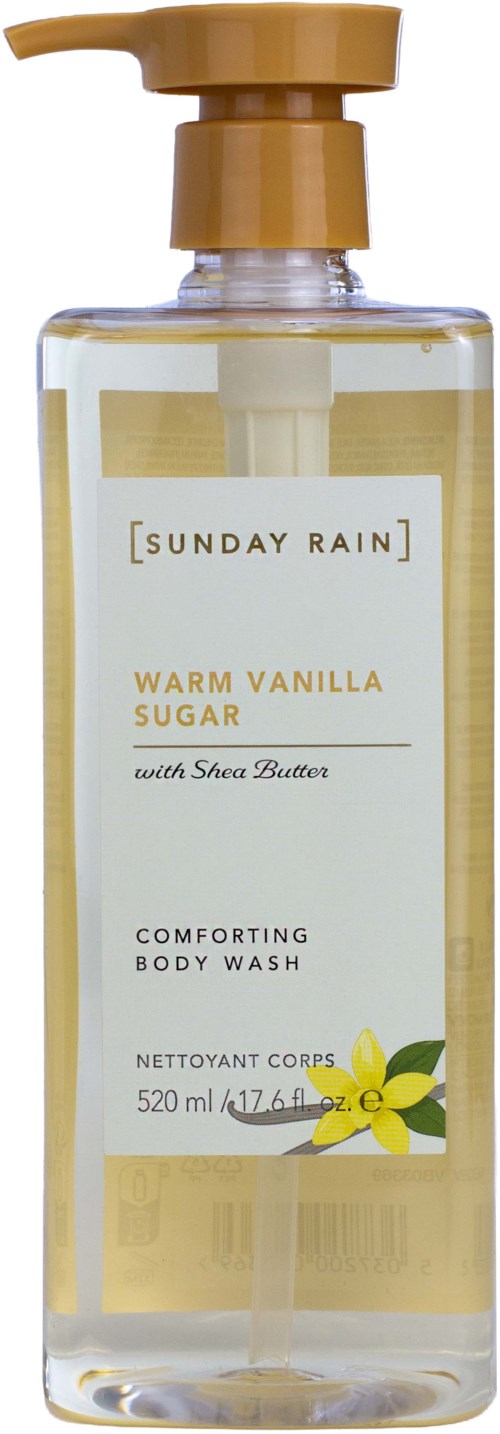 Läpinäkyvä vartalohuuhtelupullo beigeillä pumpulla, jossa lukee Sunday Rain Warm Vanilla Sugar ja Sheavoi.
