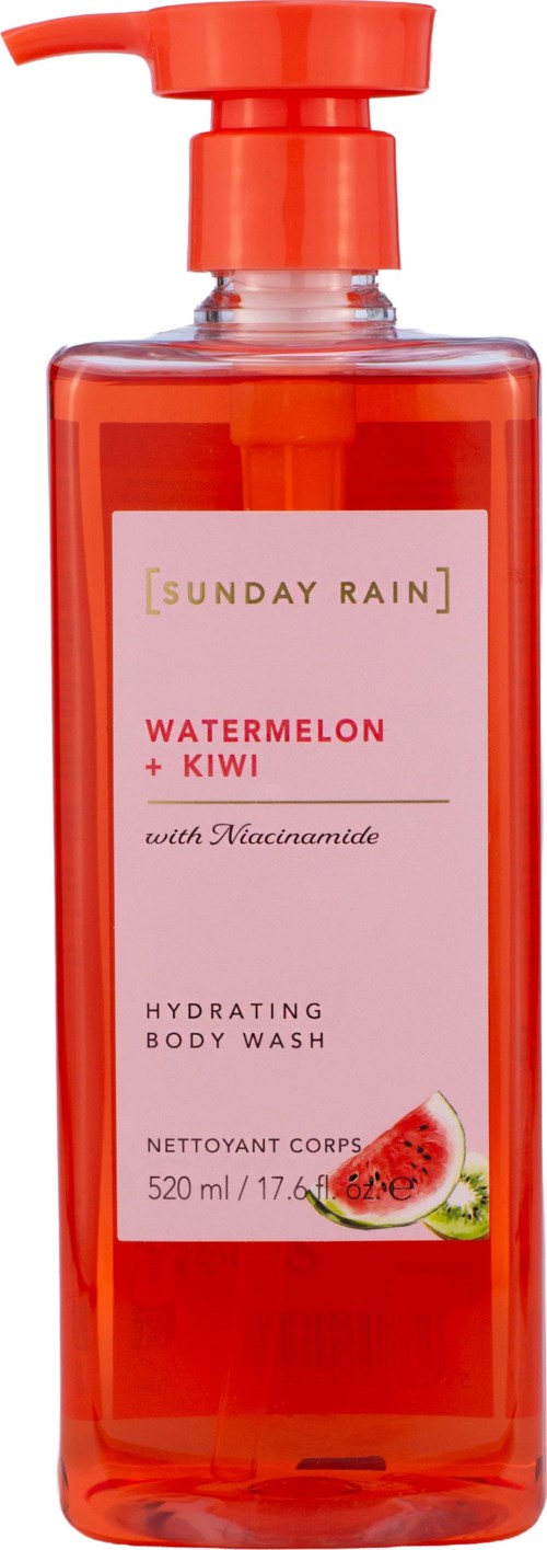 Rosa body wash-flaska med pump, märkt med vattenmelon och kiwi doft, med bild av vattenmelon och kiwi skivor.