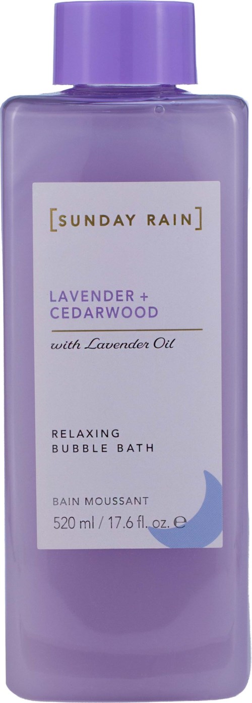 Purple bottle with a label showing Sunday Rain lavender and cedarwood bubble bath, 520 ml.