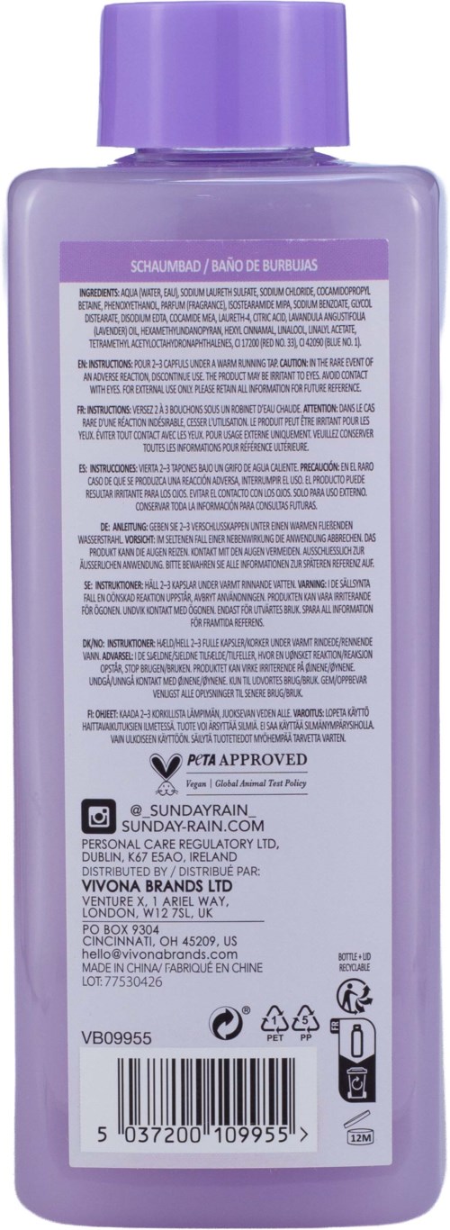 Purple bottle of Sun Dayrain shampoo with listed ingredients and brand information on the back label.