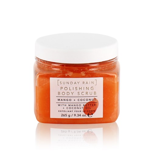 Een potje lichaams scrub met oranje kleur, witte deksel en label met mango en kokos ingrediënten.