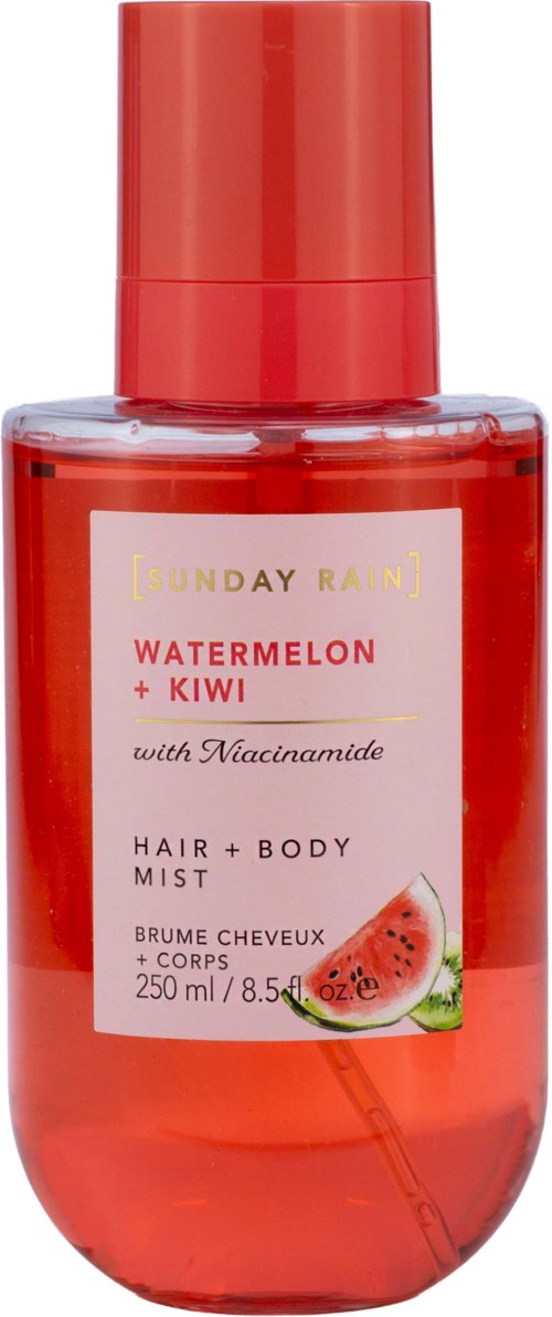Röd flaska med vattenmelon- och kiwi-doftande hår- och kroppsspray med Niacinamide, 250 ml, från Sunday Rain.