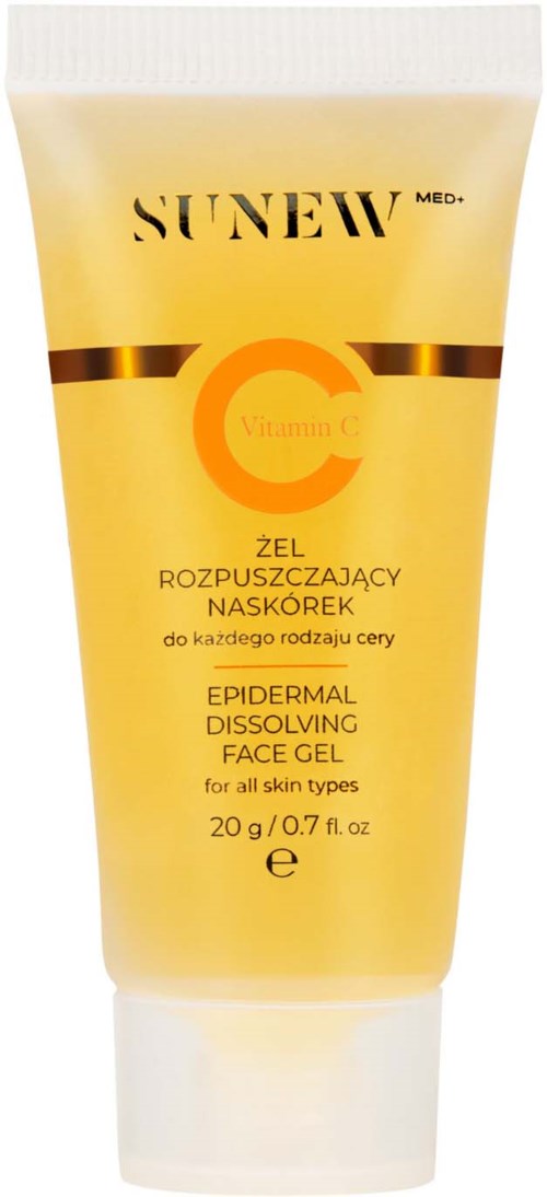 Sunew vitamin C ansiktsgel i en gul tube, merket som oppløsende for alle hudtyper, 20 gram.