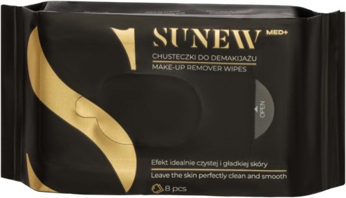 Makeupfjerningservietter i svart og gull emballasje merket SUNEW, med åtte stykker for ren og jevn hud.