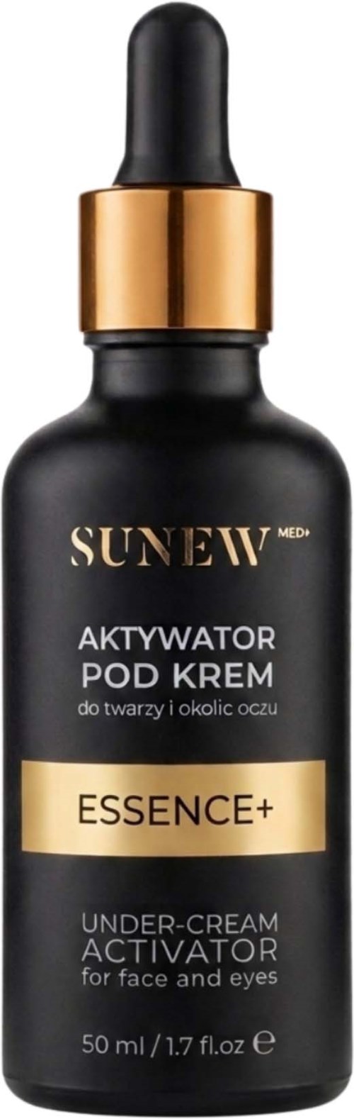 Svart flaske med gullfarget og svart pipettlokk, merket Sunew essence+ under-cream aktiver for ansiktet og øynene.