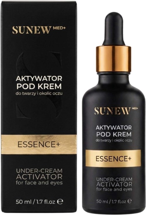 Svart flaske med gullhette og pipette, merket Sunew Med Essence Plus Under-Cream Activator for ansiktet og øynene.