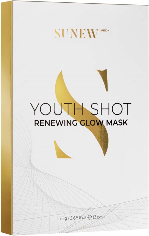 Eske med Youth Shot fornyende glødemaske med gull og hvit design og produktinformasjon.