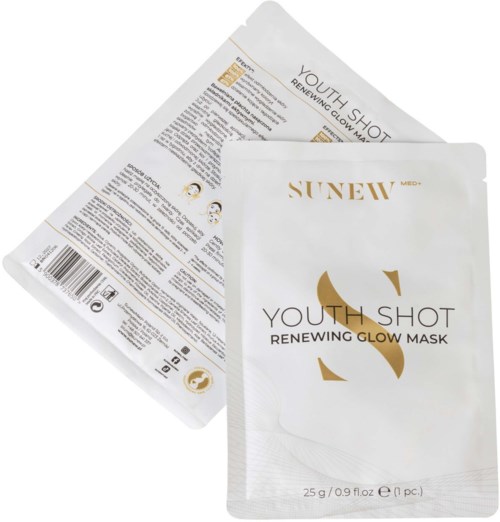 To poser med Sunew Youth Shot fornyende glow mask med gull- og svart tekst på hvit bakgrunn.