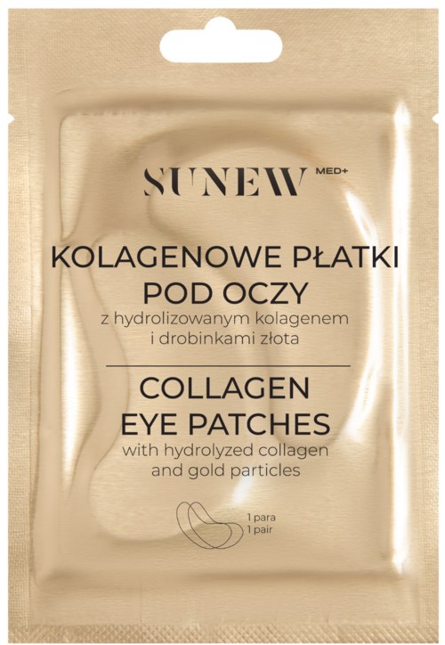 Guldfärgad förpackning med kollagenögonlappar med text på polska och engelska på framsidan.