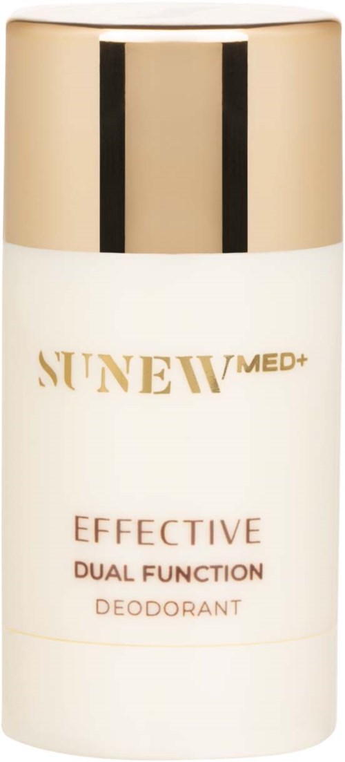 Sunew Med+ effektiv duo-funksjon deodorant i en hvit og gull beholder.