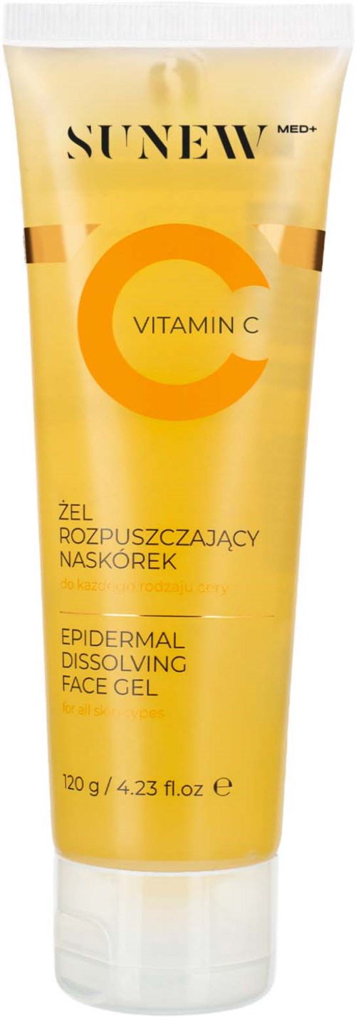 Sunew ansiktsdetoksgele i gul tube med svart og oransje tekst, fremhever Vitamin C og oppløsende ansiktsmaske.
