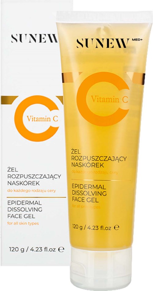 Tube med Sunew epidermal oppløsende ansiktsgel ved siden av emballasjen, begge med Vitamin C-merke og gul design.