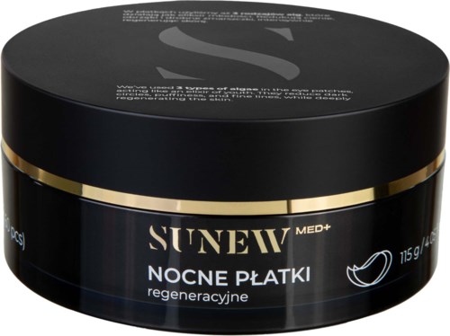 Svart krukke med SUNEU Med+ nattkrem med gullstripe, 155g, merket for regenerering.