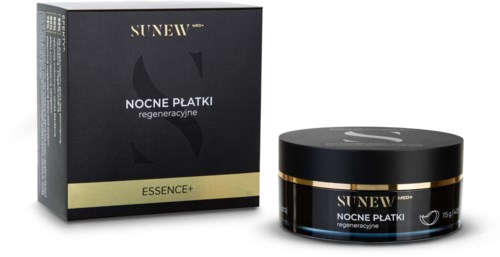 En svart krukke og eske med Sunew hudpleieprodukt med gulldetaljer, merket Nocne Platki, Regeneracyjne, Essence+.